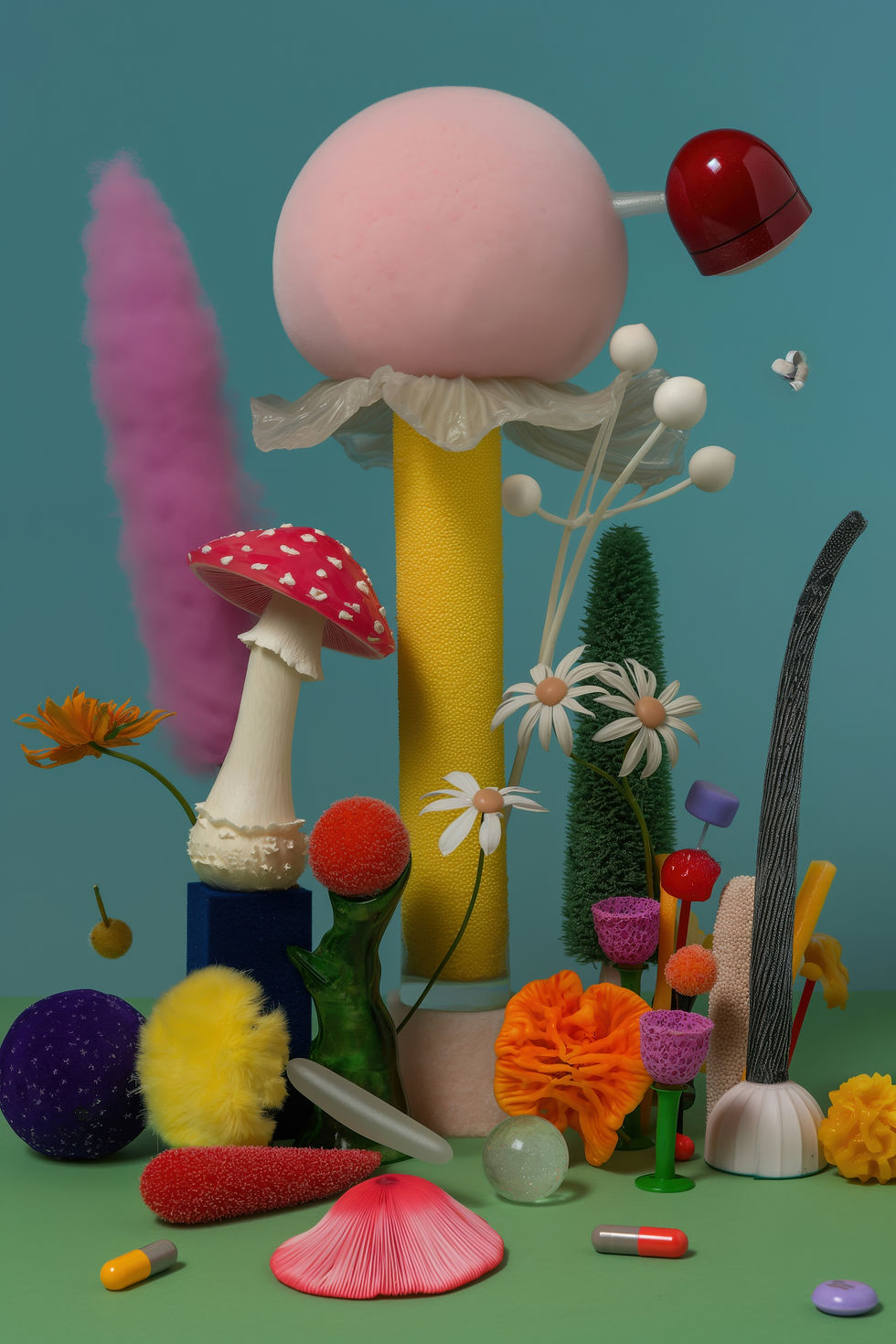Surreal colorful mushroom-like sculptures, flowers, and pills on a teal backdrop, creating a whimsical still life.