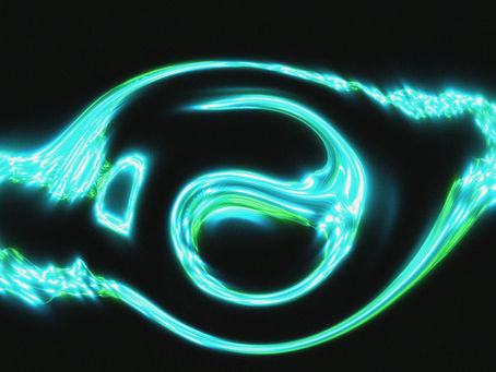 Abstract neon swirl of blue and green light trails on black background, resembling fluid motion, creating a dynamic, futuristic mood.