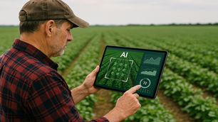 Mann in kariertem Hemd steht auf einem Feld und nutzt ein Tablet mit KI-gestützter Anwendungsoberfläche zur Analyse von Pflanzenwachstum und landwirtschaftlichen Daten. ChatGPT fragen