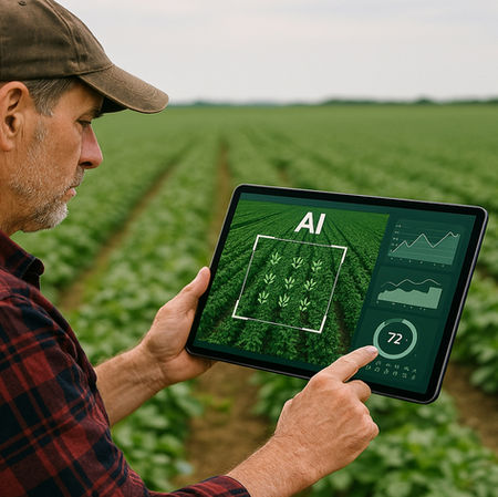 A farmer using AI as another tool in the farm's toolbox to help improve efficiences and production.