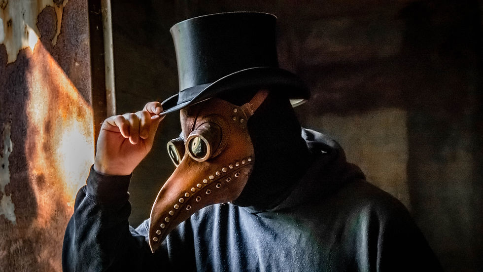 Pest Control CRM - Person in a brown plague doctor mask with goggles, wearing a black top hat and hoodie, tips hat in a dim, rustic room with textured walls.