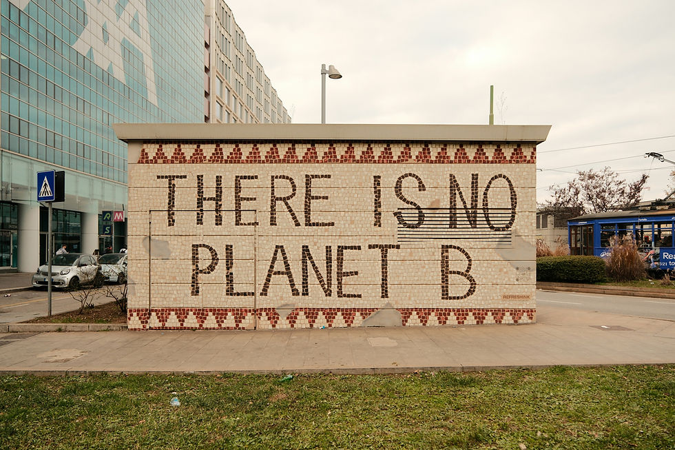 There is No planet B written on to the side of a building wall.