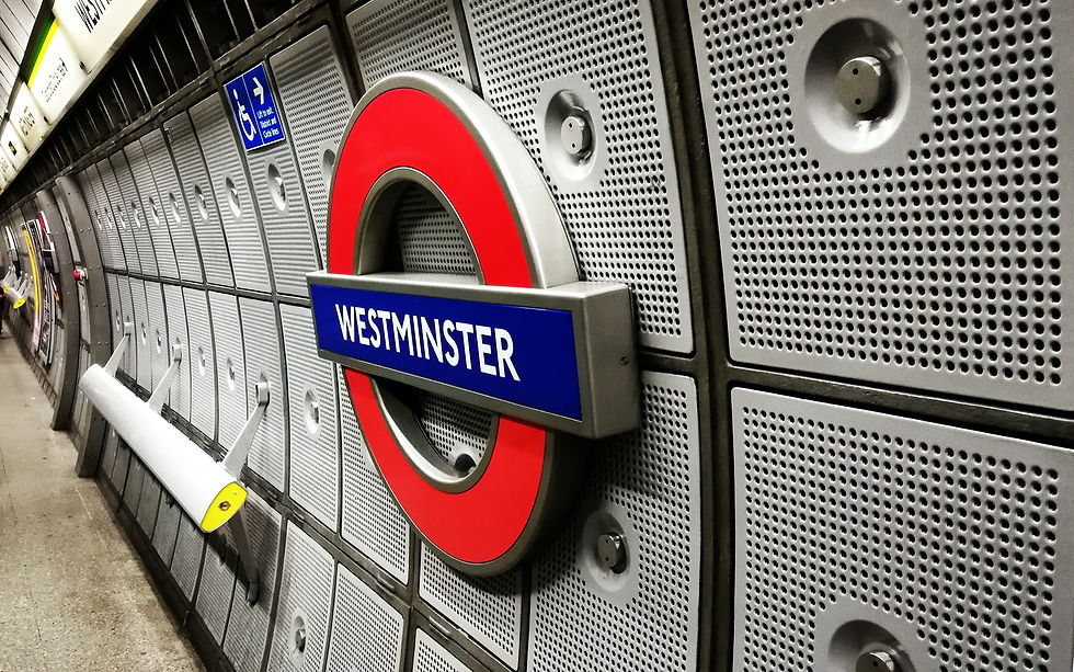 an image taken inside Westminster tube station of the TFL (transport for london) station sign