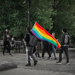 Image of person in park holding up a Pride rainbow flag