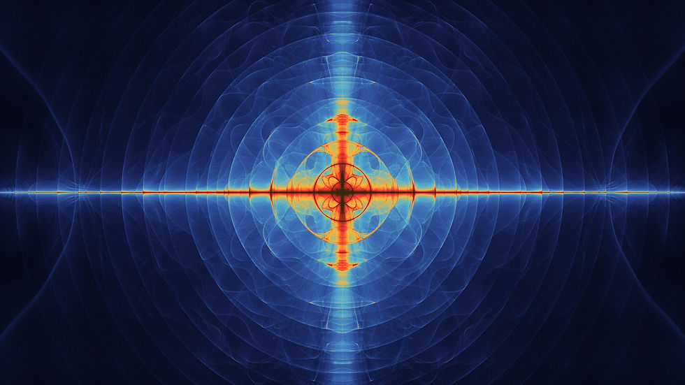 Abstract blue and orange fractal pattern with radial symmetry and glowing center. Waves radiate outward against a dark background.