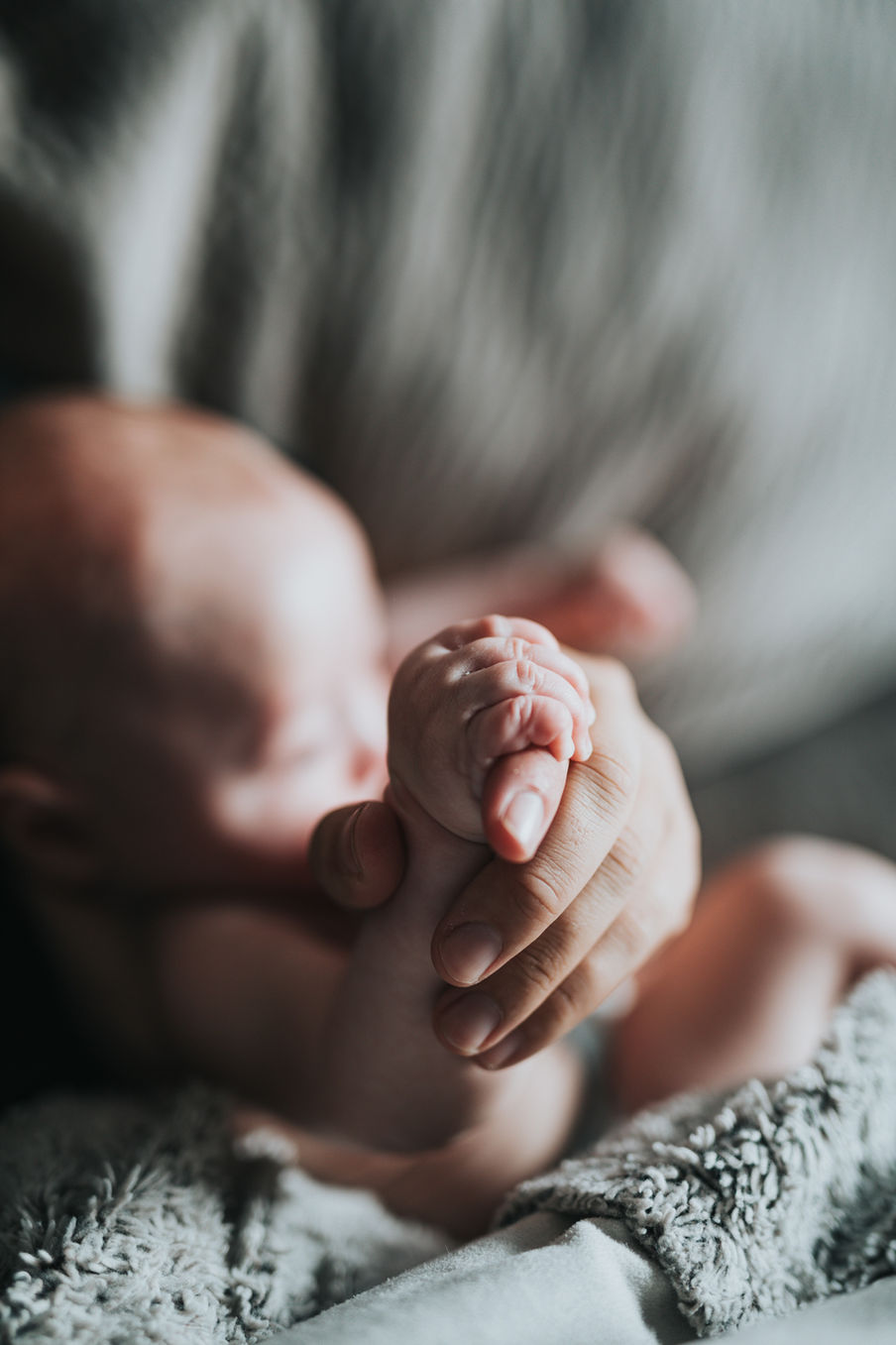 Newborn Photography by Blake Ferguson depicts the Hands of a Small Baby holding the Parent in Ontario, Canada.