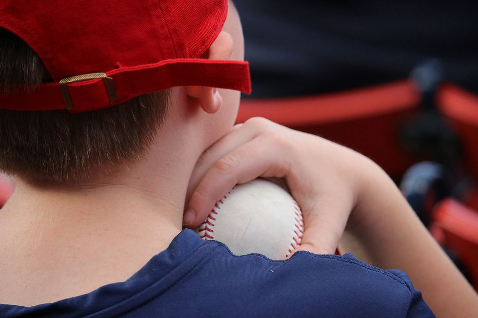 Close-up photo from behind a boy sitting in a red stadium seat with a navy blue shirt, ball held in his hand on his shoulder, and a red base ball cap. Boy is caucasian and has short, straight, dirty-blonde hair.