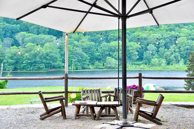 A view from a restaurant over looking a lake a lush forest