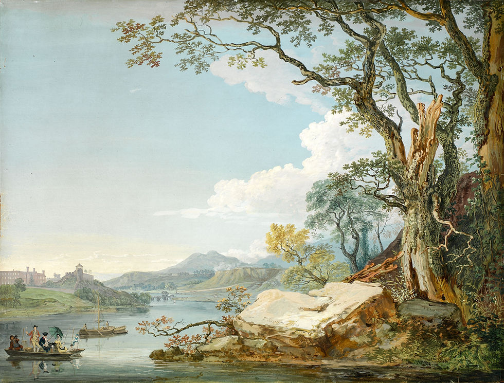 People in a boat with an umbrella on a calm river, trees and rocky shore in foreground, distant hills and castle under a bright blue sky.