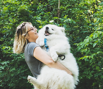 Fluffy white dog with Village Pups pet sitter in Carmel