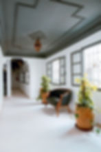 Elegant hallway with white walls, gray ceiling, and arched decor. Green plants in terracotta pots flank a vintage leather chair.