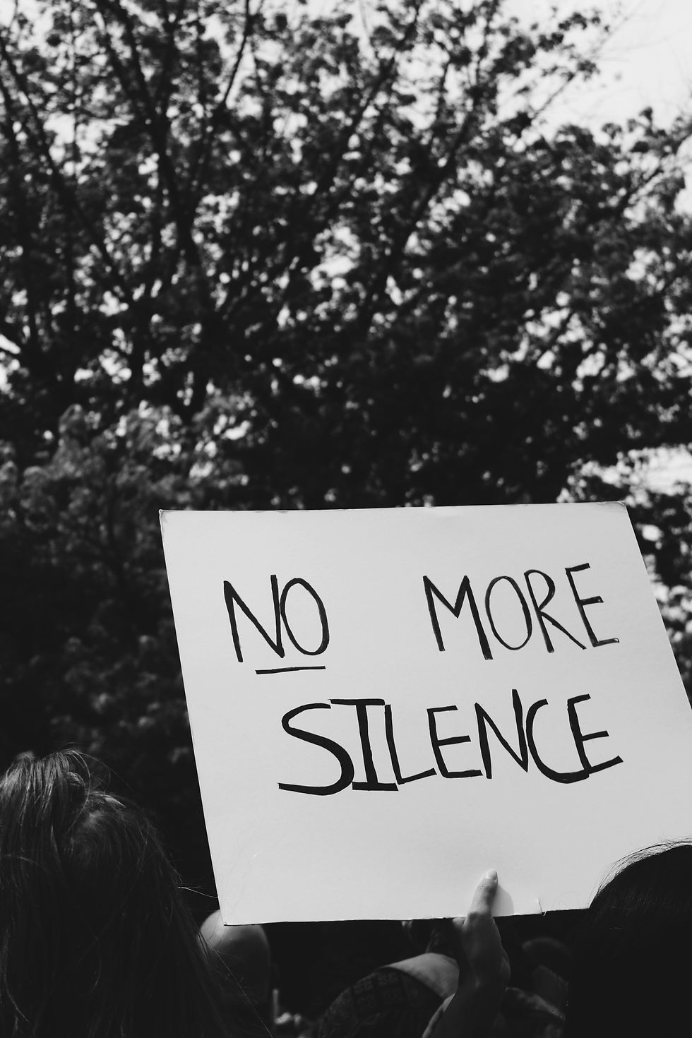 Black-and-white protest scene with a hand-held sign reading NO MORE SILENCE against a tree-filled background.