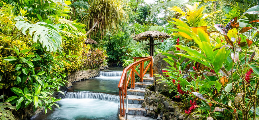 Image of a tropical resort with waterfalls