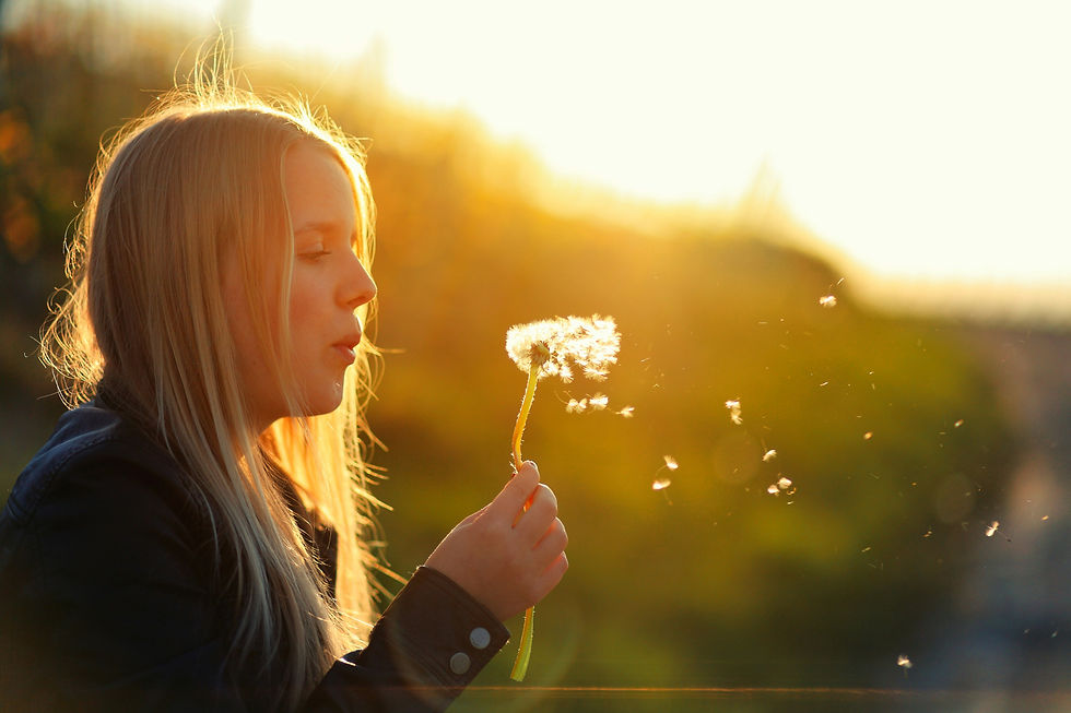 Vrouw blaast een paardenbloem weg bij zonsopkomst, passend bij een twin flame-proces en het loslaten van spanning.