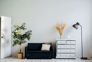 Living Room with Sofa, Plant, Lamp and Cabinet