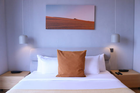 Deluxe hotel room with spacious layout, elegant design, and city view
