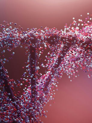 Close-up of a DNA helix representing polynucleotides, with colorful molecules in shades of blue, pink, and red against a gradient background, dynamic and futuristic, highlighting cellular regeneration and skin bio-stimulation