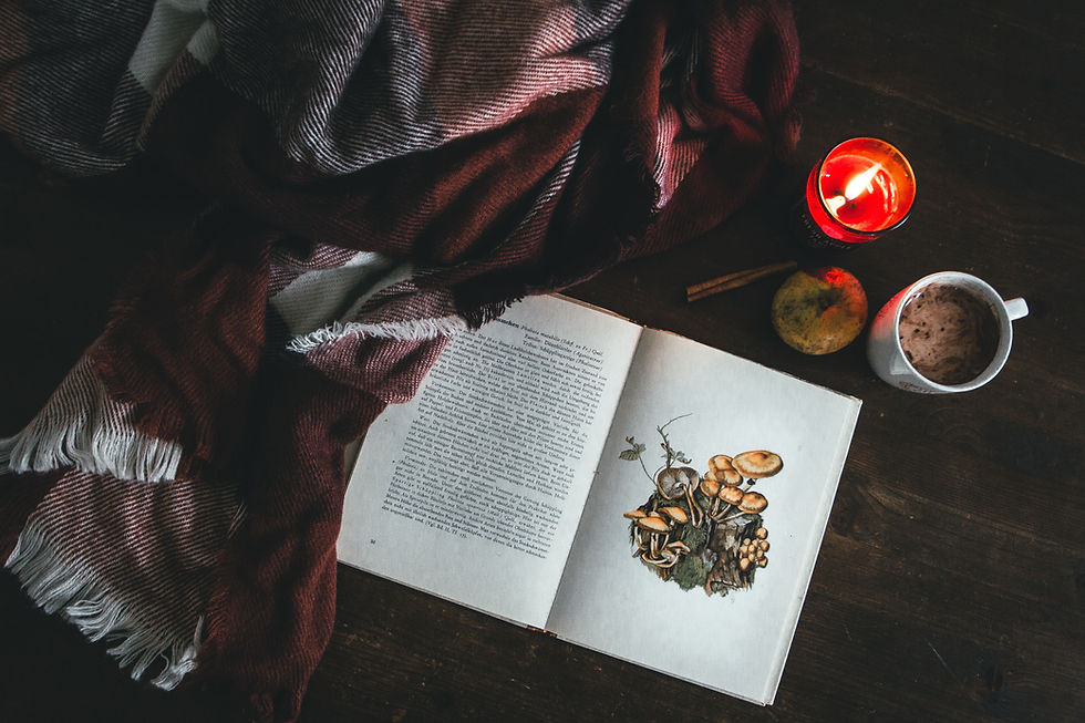 An open book with illustrations, a lit candle, a warm blanket, and a cup of hot cocoa arranged on a dark wooden surface, creating a cozy and peaceful autumn atmosphere.