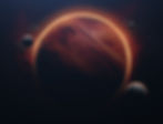 A large, swirling, red-orange planet with a glowing edge is surrounded by three smaller moons against a starry, dark space background.