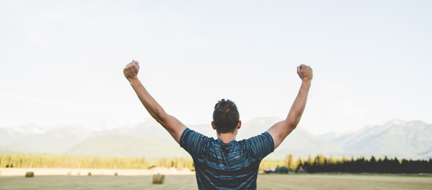 Man with arms raised in victory on field, symbol of fulfilment.