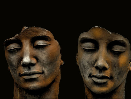 The two weathered stone faces with eyes closed. Over lay text How you see others reflects how employers see you.