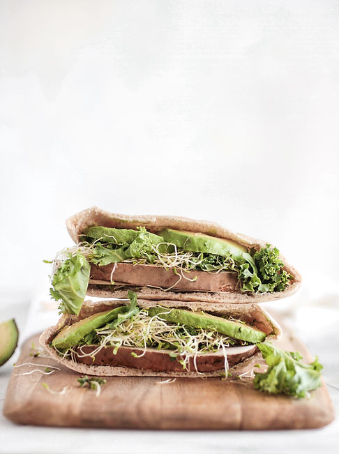 Fresh brown rice pita stuffed with avocados, mushrooms, lettuce and bean sprouts.