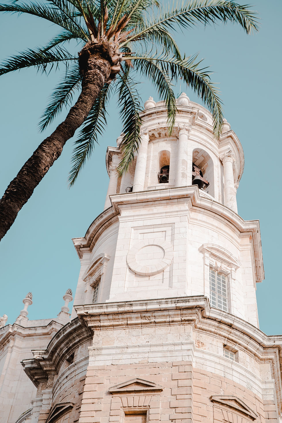 A majestic view of a historic stone tower, framed by a towering palm tree, against a clear blue sky.