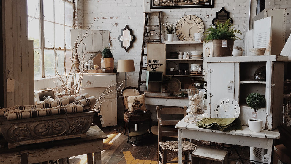 Vintage shop interior with white brick walls, rustic furniture, clocks, plants, and decorative items. Soft natural lighting through a large window.