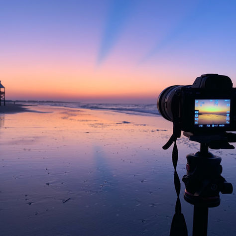 A camera on a tripod photographing a sunset