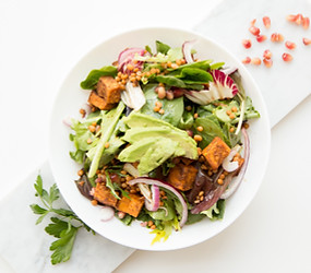 Tofu avocado salad. A perfect meal for pitta dosha types according to Faith Warner, Ayurvedic Practitioner and Holistic Chef from AyurLife UK. 