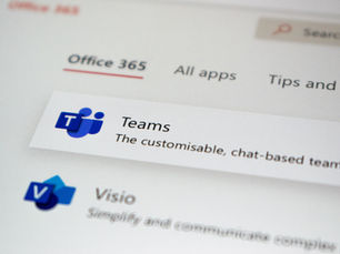 Close-up of an Office 365 screen showing Microsoft Teams and Visio apps, with search bar at the top. Simple, organised layout.