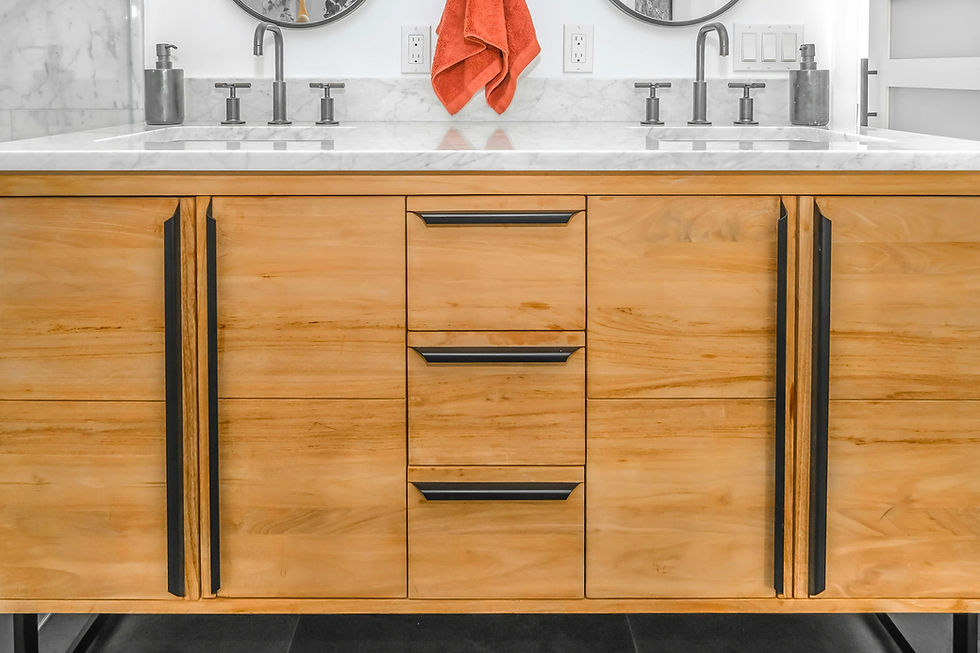 Custom wood double bathroom vanity cabinet with drawers and round mirrors