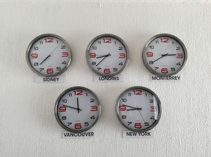 Clocks on a wall depicting the time in five different cities around the world