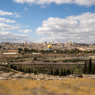 Panoramic view of the Dome of the Rock and the Old City of Jerusalem golden skyline from the Mount of Olives.