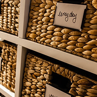 Organised baskets with labels.