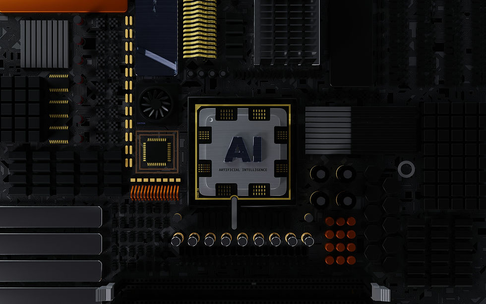 Close-up view of a dark computer motherboard featuring a central silver AI chip labeled "ARTIFICIAL INTELLIGENCE," surrounded by intricate circuitry, capacitors, and heat sinks.