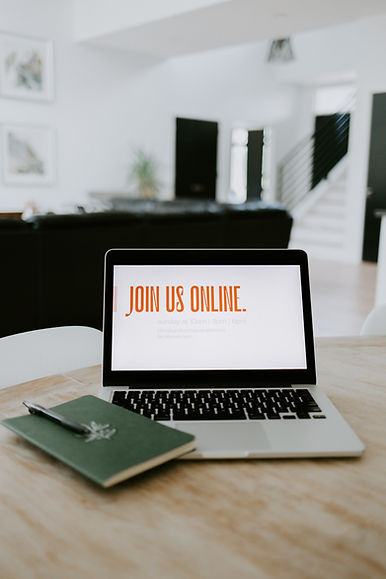 A close up of a laptop screen with the text "Join us online" for Grit Therapy. Contact an online therapist to learn how online therapy in Colorado can support you today! We offer online therapy for anxiety and other services! 80498 | 80424 | 80489