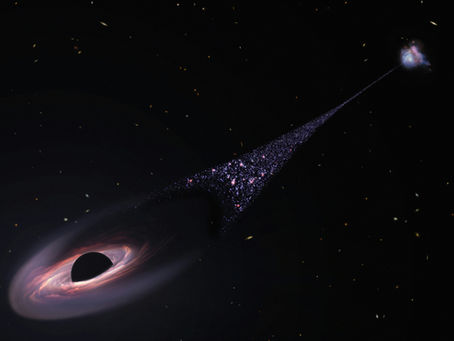 Illustration of a black hole pulling material from a nearby star, with glowing matter stretching toward a dark central region in space