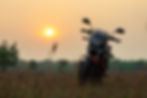 Motorcycle in field at sunset, under a clear sky. The bike is black with a visible plate. Trees in the background suggest a serene mood.