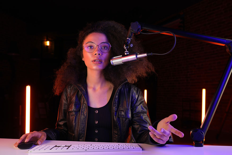 a woman podcasting