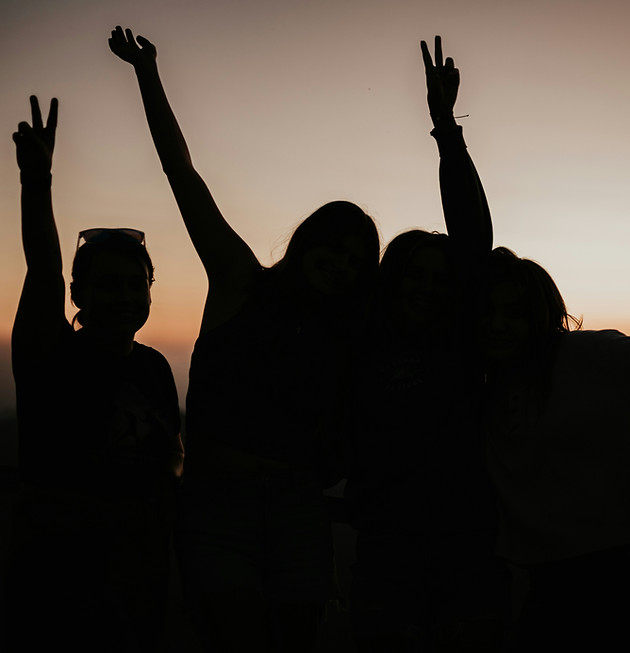 Silhouettes of four people against a warm sunset sky, arms raised with peace signs. Group therapy and workshops at Integrative Therapy Studio, Toronto. One note on Image 3: the peace sign gesture reads as celebratory and a bit political to some viewers. If you have another image for groups that feels more neutral or grounded, it might serve the page better. That said, the silhouette format protects anonymity well, which is a real asset for a therapy context.