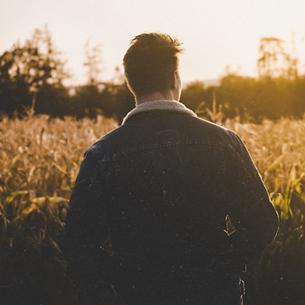 A man walks alone through a field toward a sunset