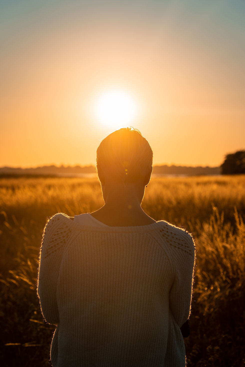 Girl looking into the sunset in a field