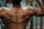 Muscular person flexing back muscles in a gym. Defined muscles, warm lighting. Blurred background with gym equipment. Mood: confident.
