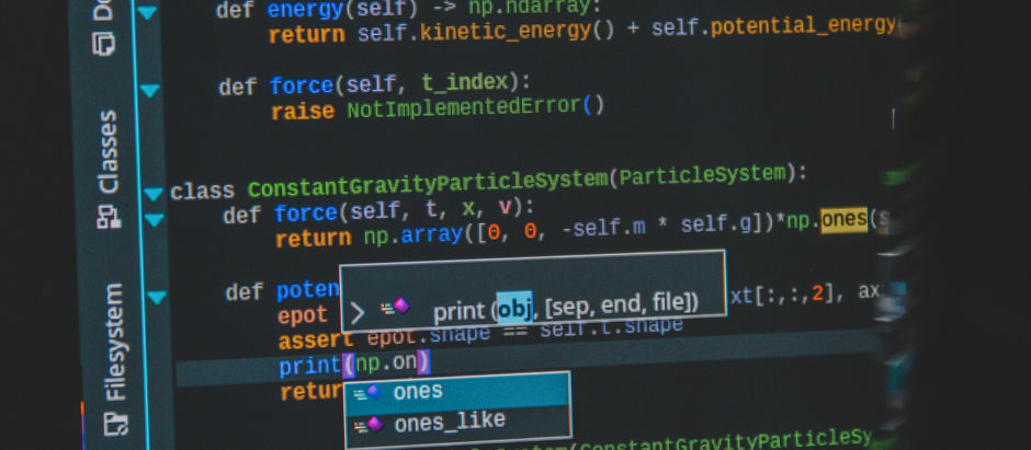 Colorful Python code on a computer screen with functions like potential_energy. Sidebar shows file structure. Dark, tech-focused setting.