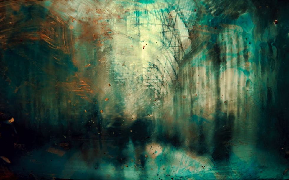 Abstract background with teal and brown brushstrokes, resembling a forest with blurred trees. Textured surface with a dreamlike mood.