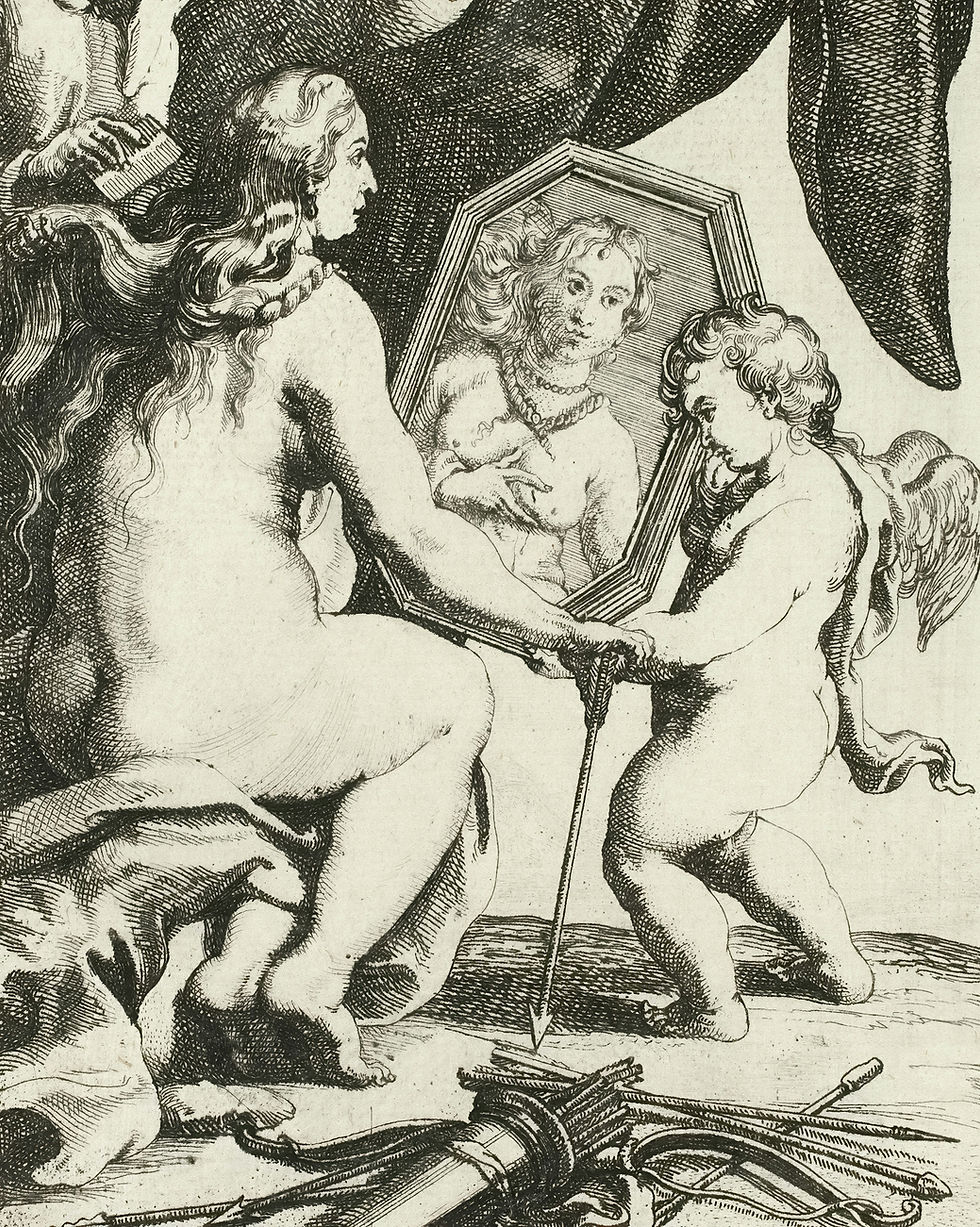 Het toilet van Venus van Willem Panneels. De godin van de liefde en Cupido, metafoor voor de rol van Venus in Progressieve Synastrie en relatiestabiliteit.