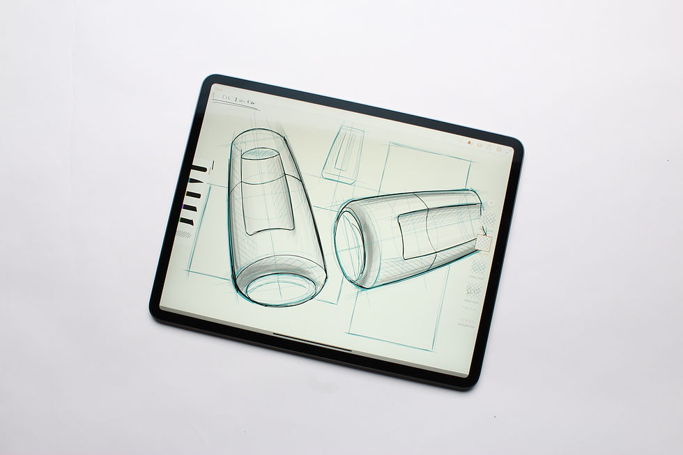 Tablet displaying technical sketches of two cylindrical product designs on a white background.