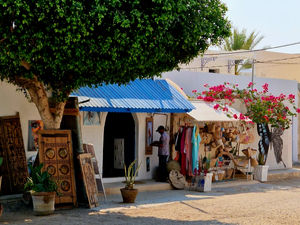 Tunisian street shop with handmade crafts, textiles, and souvenirs displayed under a blue roof beside a large tree