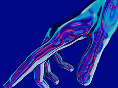 Een blauw-rode hand als symbool voor een digitale hand.